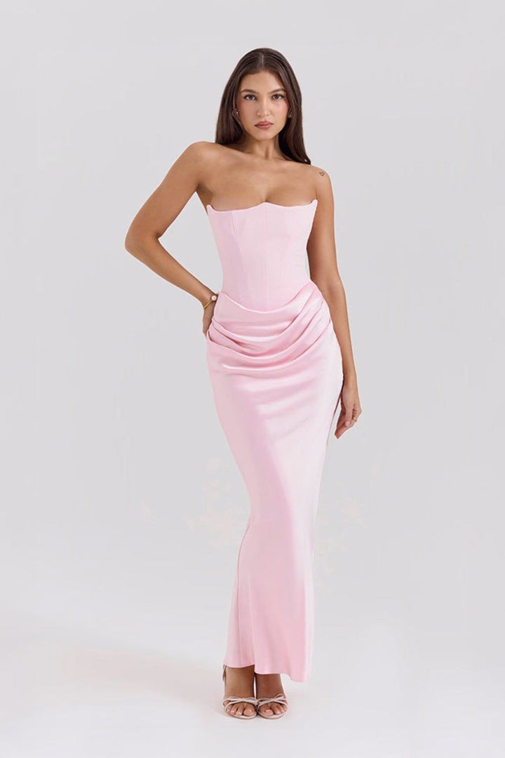 Pink strapless ruched mermaid maxi dress with fitted bodice