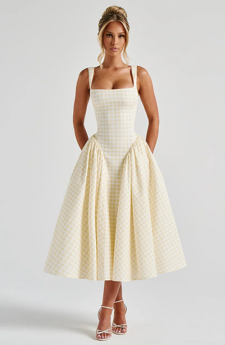 Cream gingham midi dress with fitted bodice and voluminous skirt front view