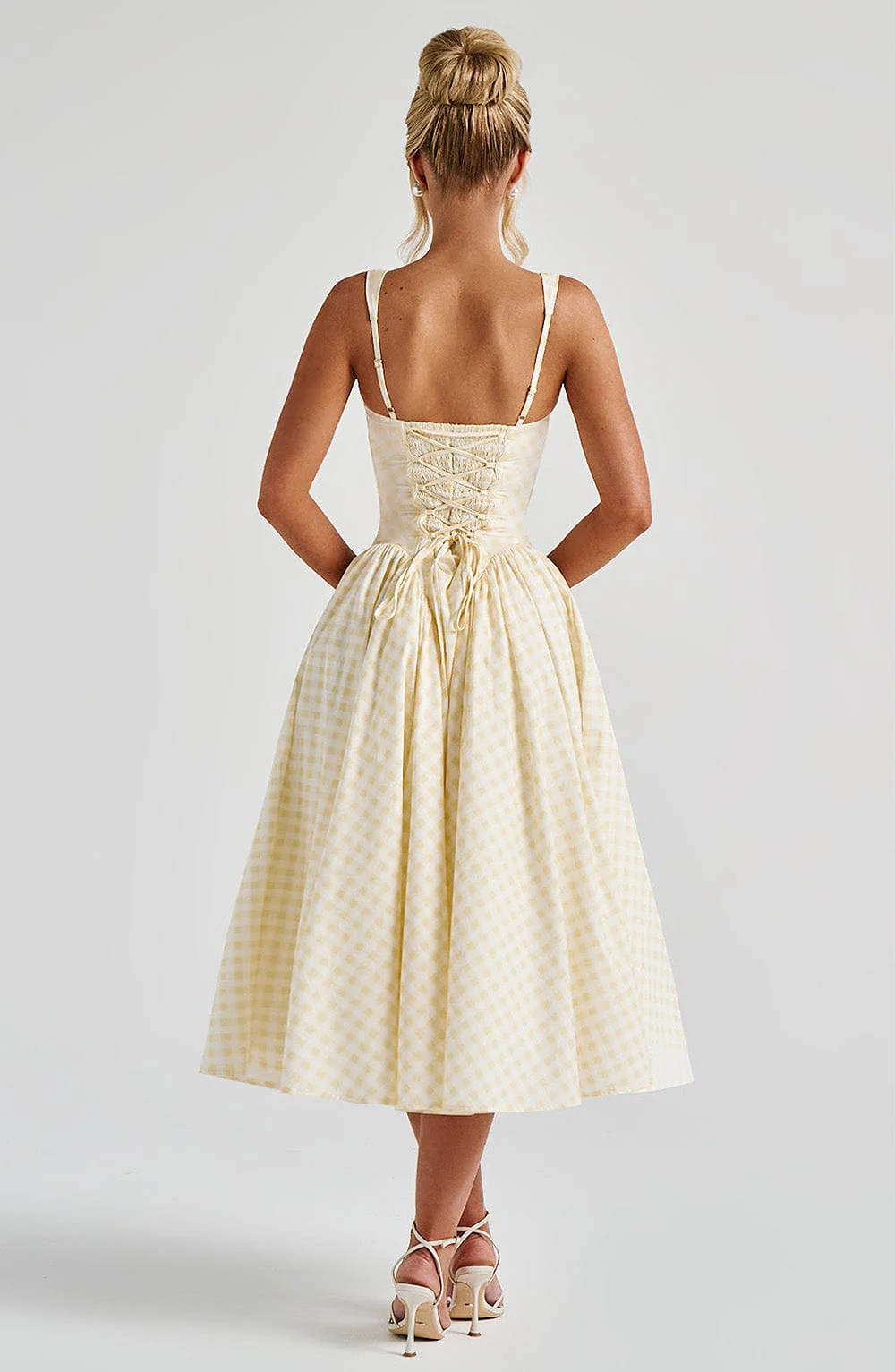 Cream gingham midi dress showing lace-up back closure and godet inserts back view
