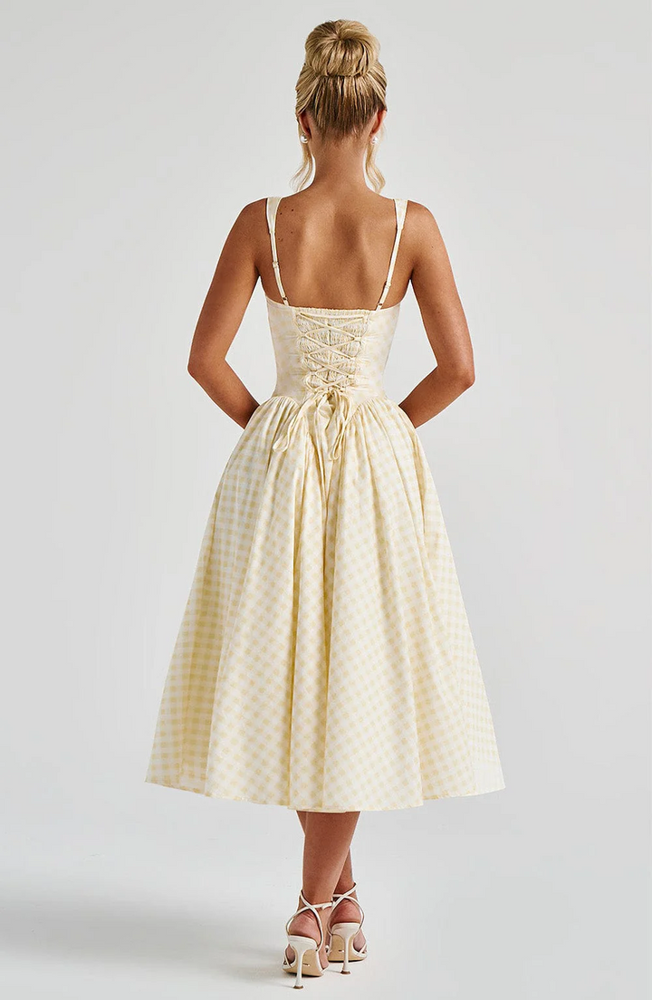 Cream gingham midi dress showing lace-up back closure and godet inserts back view