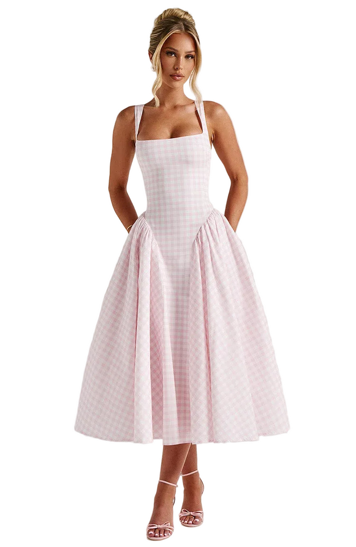 Pink gingham midi dress with square neckline and flared skirt front view