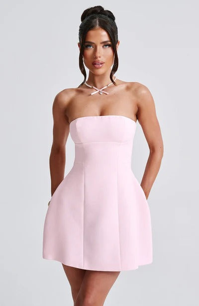 Blush pink strapless bubble mini dress with seamed bodice, front view