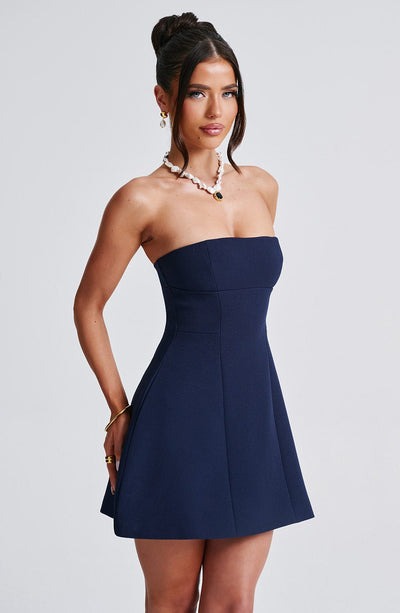 Navy strapless bubble mini dress with seamed bodice front view