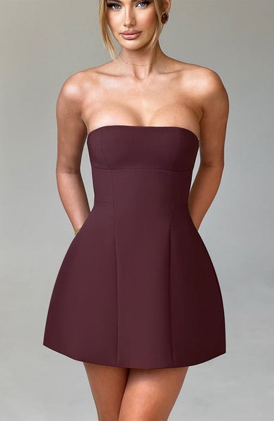 Burgundy strapless bubble mini dress with seamed bodice front