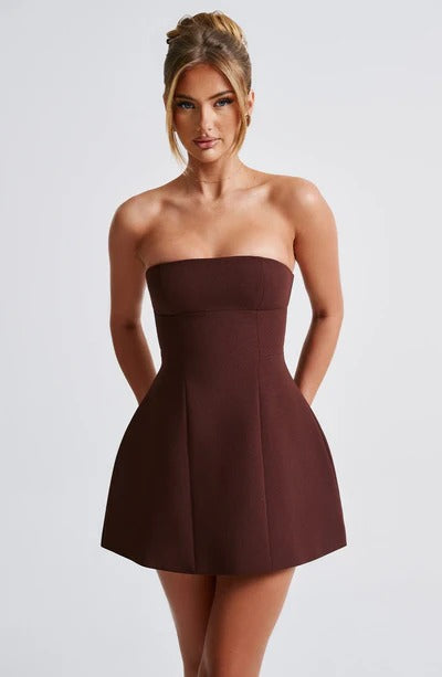 Burgundy strapless mini dress with seamed bodice and pockets