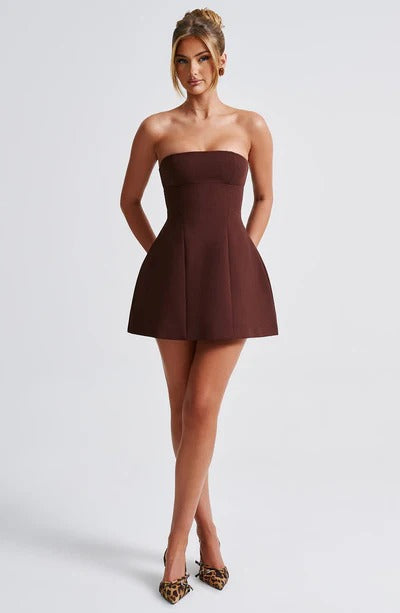 Chocolate brown strapless bubble mini dress with seamed bodice