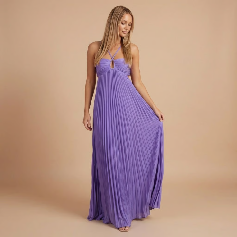 Purple pleated halter maxi dress with cutout waist and tie neckline