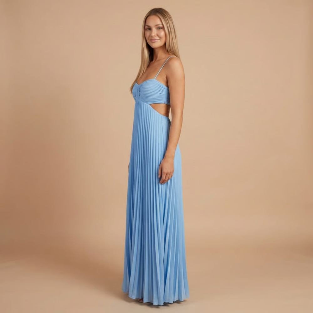 Light blue halter pleated maxi dress with side cutout waist detail