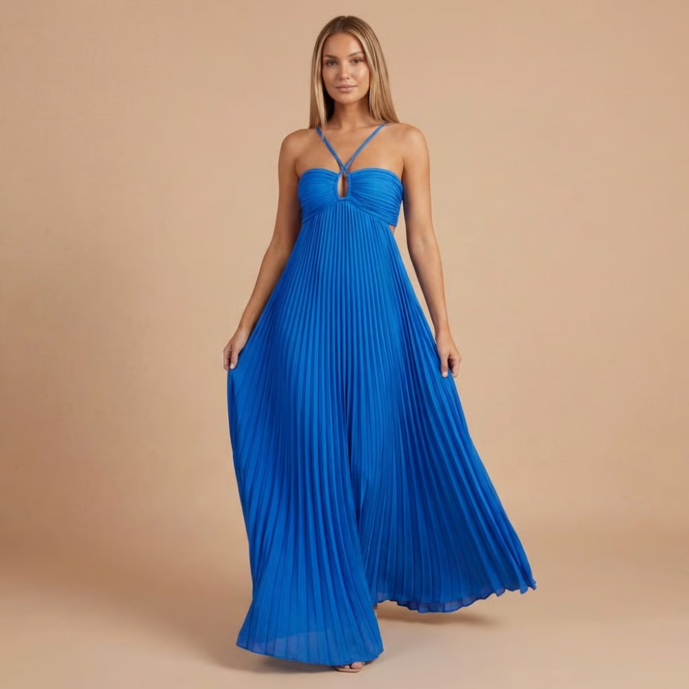 Royal blue halter pleated maxi dress with cutout waist full length