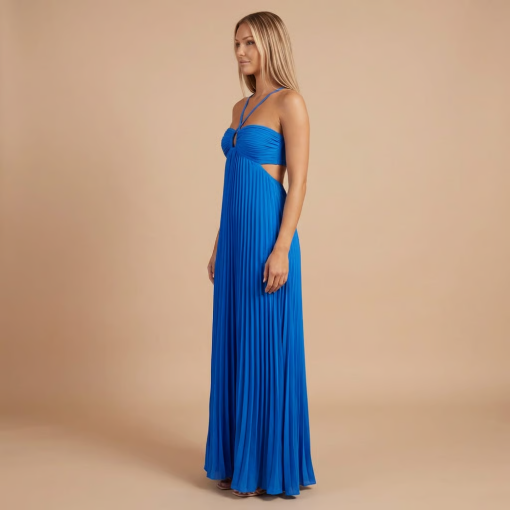 Royal blue pleated maxi dress with halter straps and side cutout detail