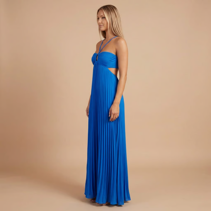Royal blue pleated maxi dress with halter straps and side cutout detail