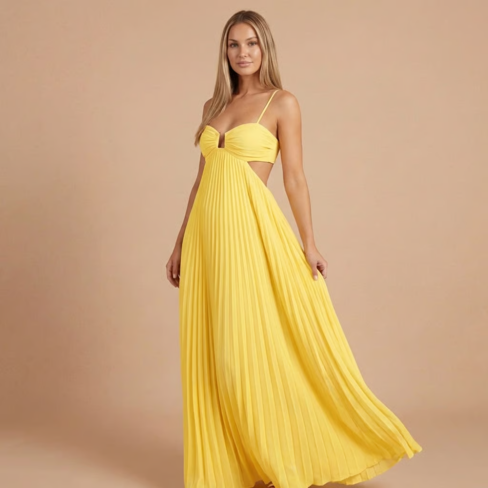 Yellow pleated halter maxi dress with cutout waist and tie closure