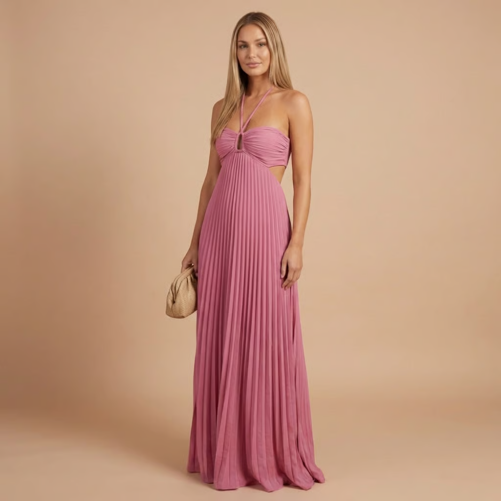 Mauve pink pleated halter maxi dress with cutout waist detail