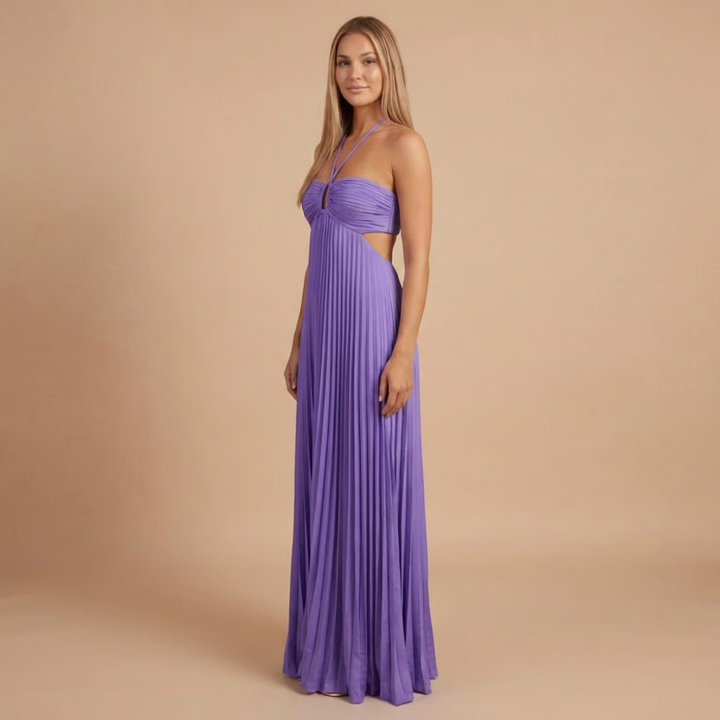 Lavender purple pleated halter maxi dress with cutout waist detail