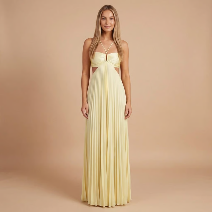 Cream pleated halter maxi dress with cutout waist and tie neckline