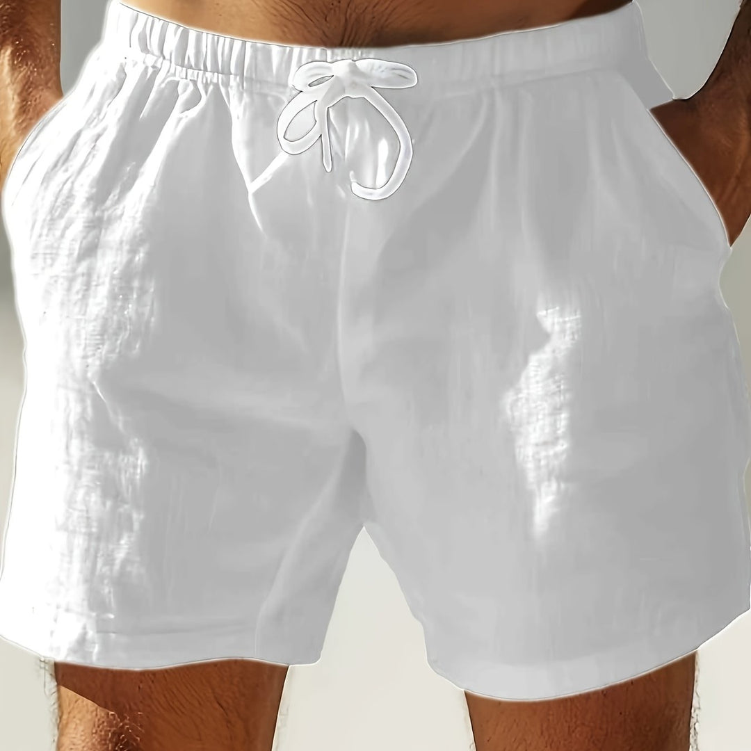 Front view of white men swim shorts with drawstring and elastic waist