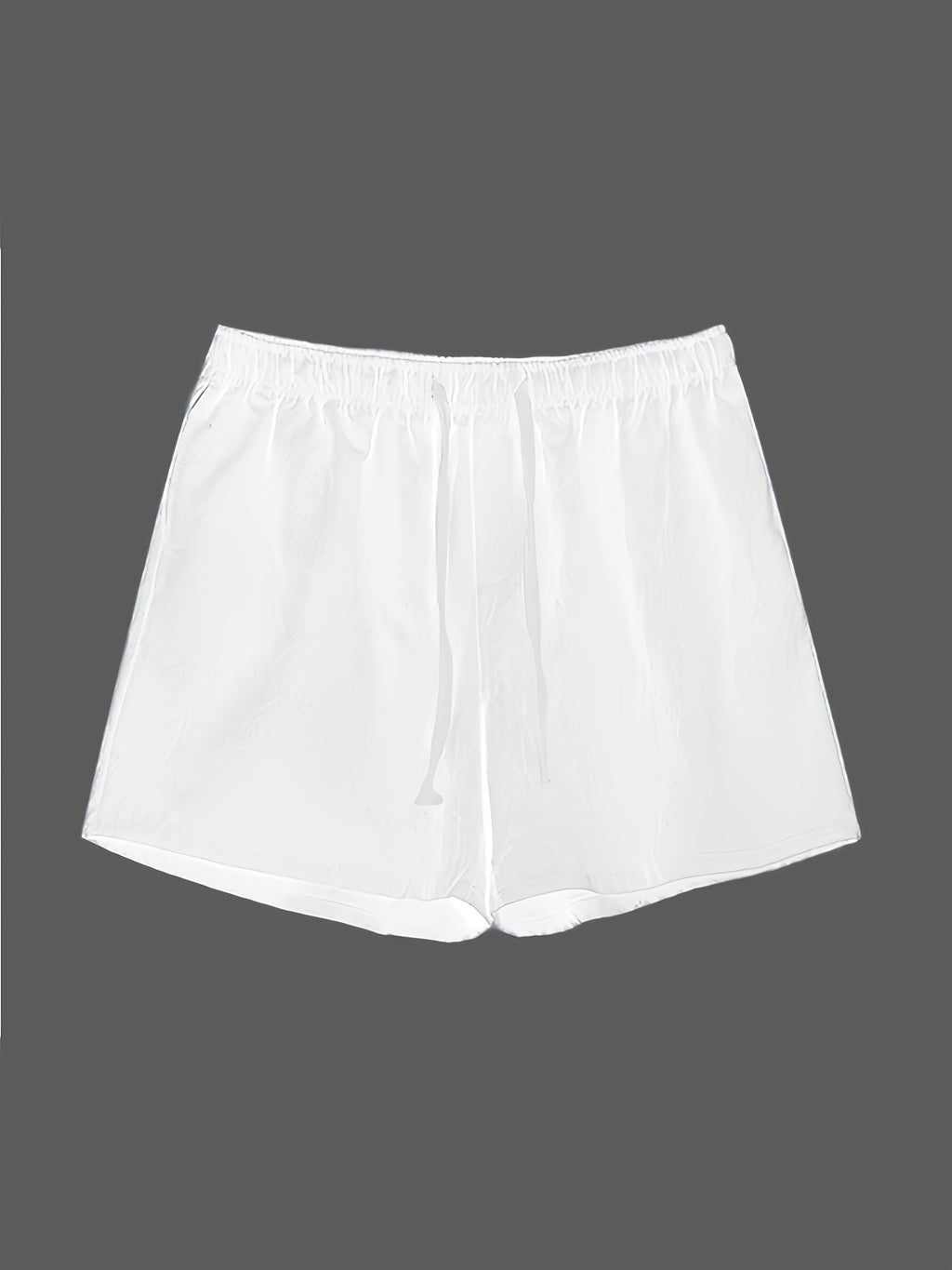White swim shorts with elastic waistband and drawstring, front view, men swim shorts