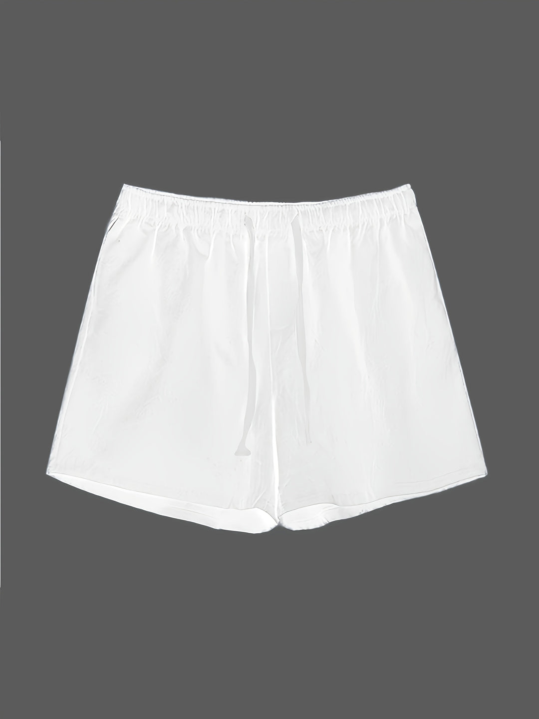 White swim shorts with elastic waistband and drawstring, front view, men swim shorts