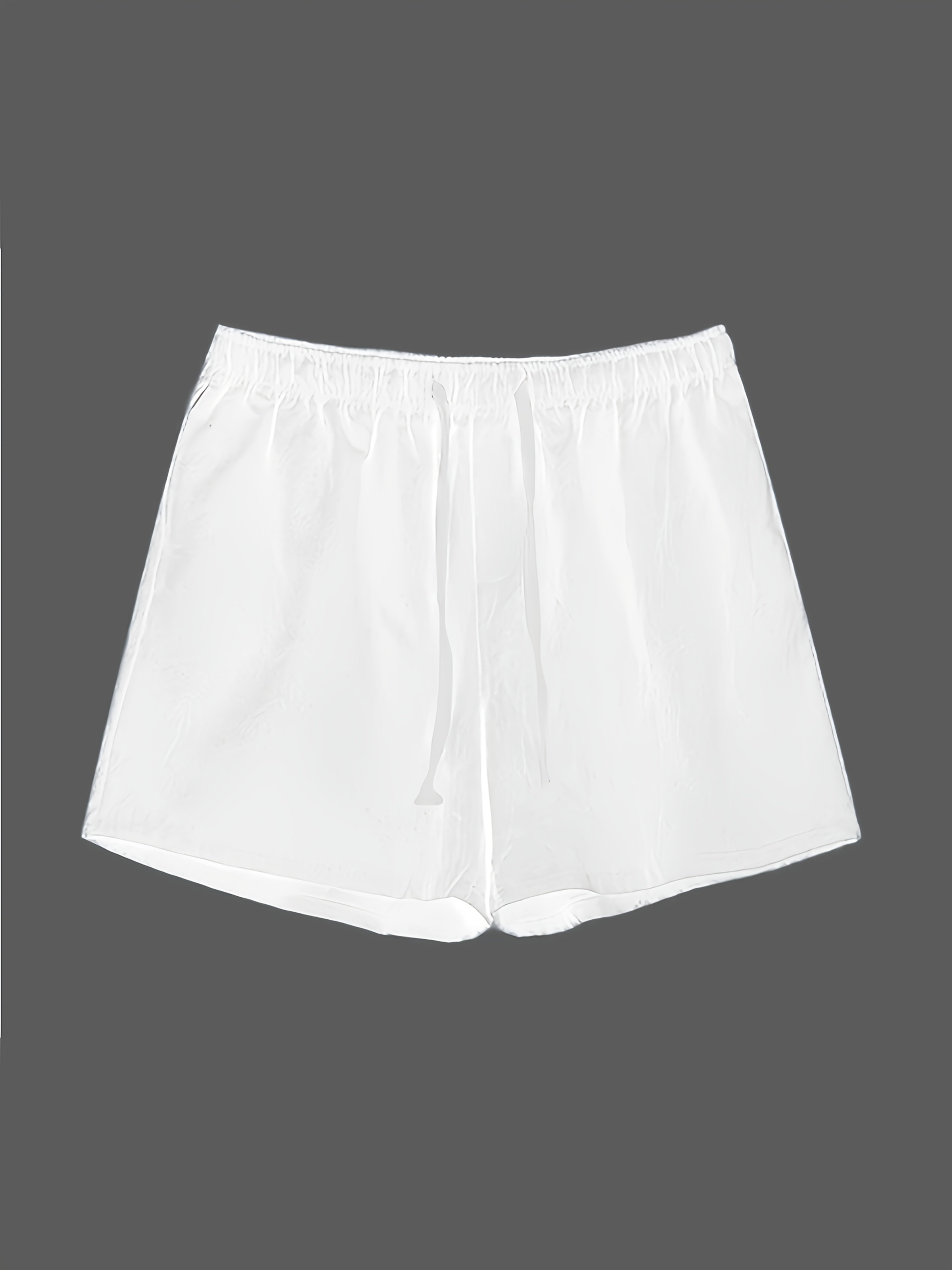 White swim shorts with elastic waistband and drawstring, front view, men swim shorts