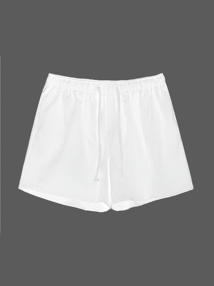 White swim shorts with elastic waistband and drawstring, front view, men swim shorts