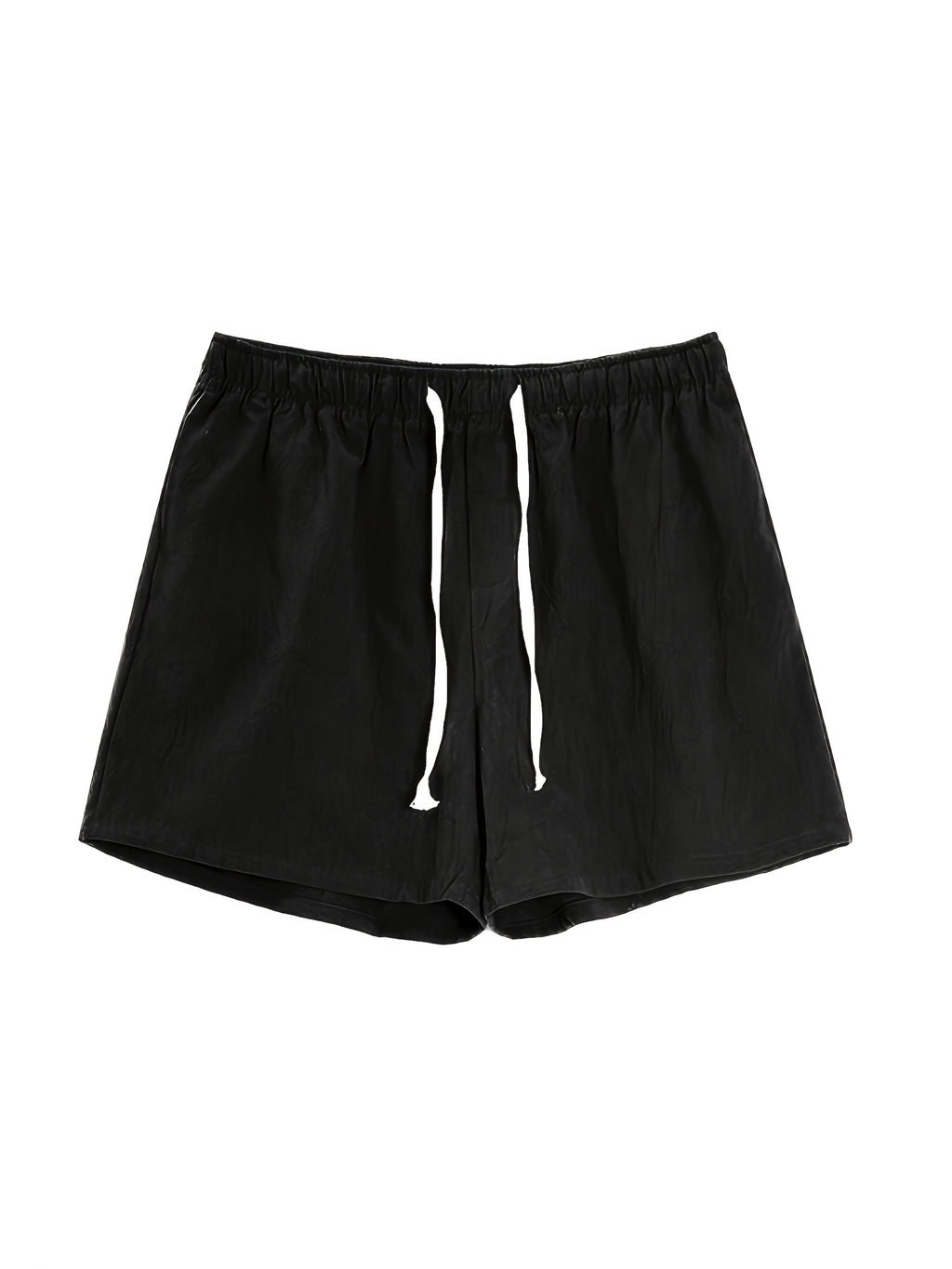 Black men swim shorts shown front view with loose fit and white drawstring bathing suit
