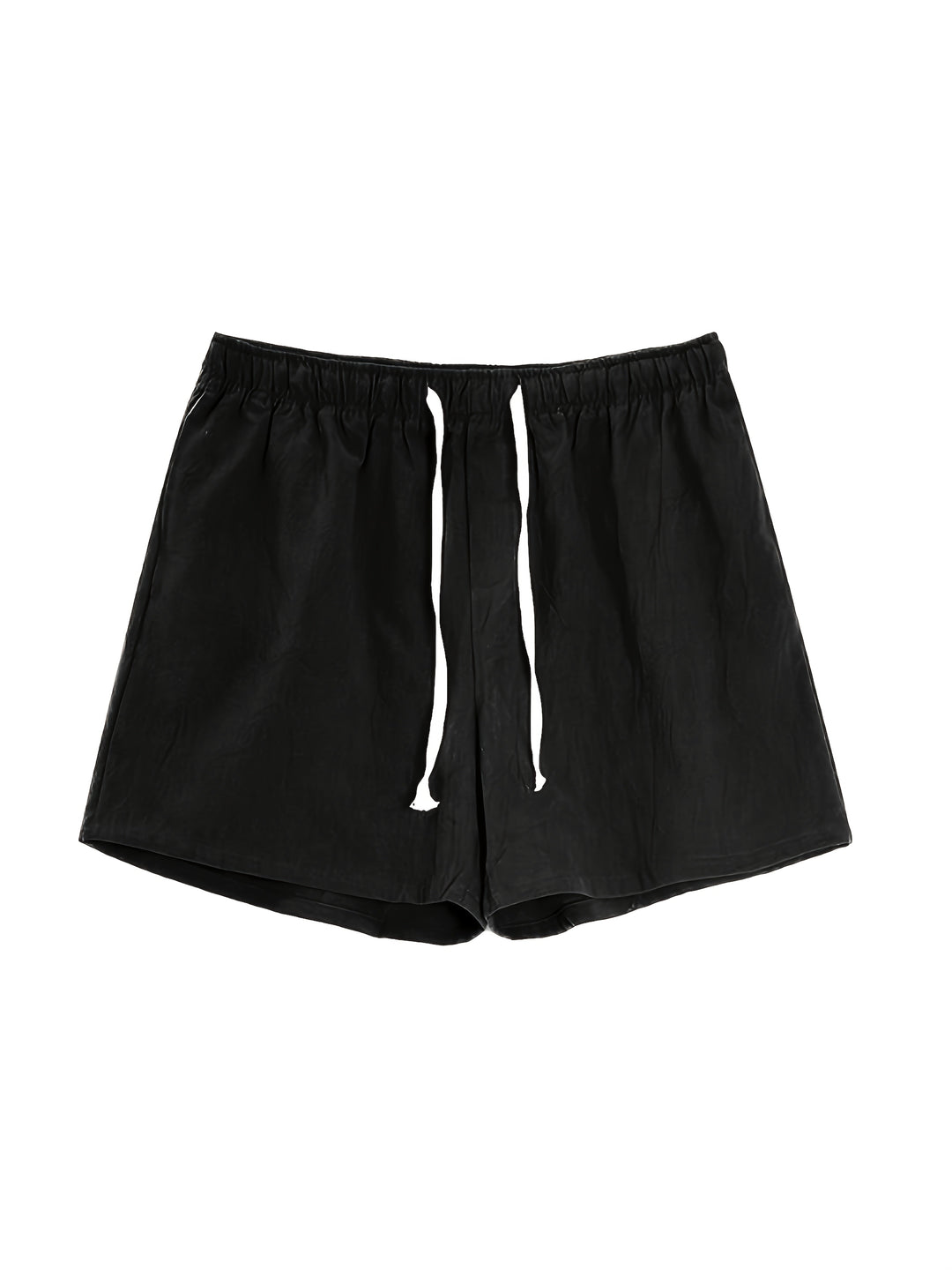 Black men swim shorts shown front view with loose fit and white drawstring bathing suit