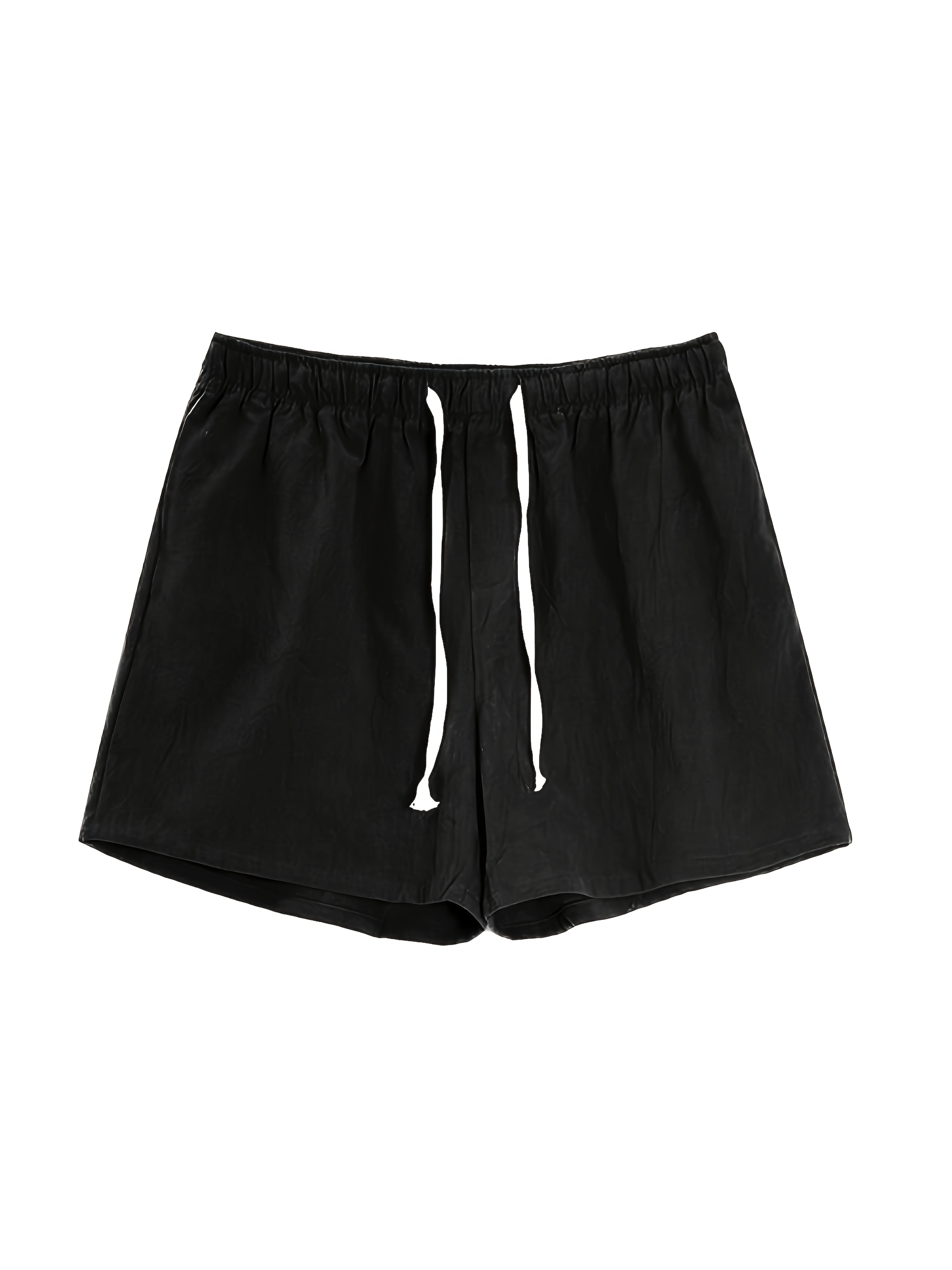 Black men swim shorts shown front view with loose fit and white drawstring bathing suit