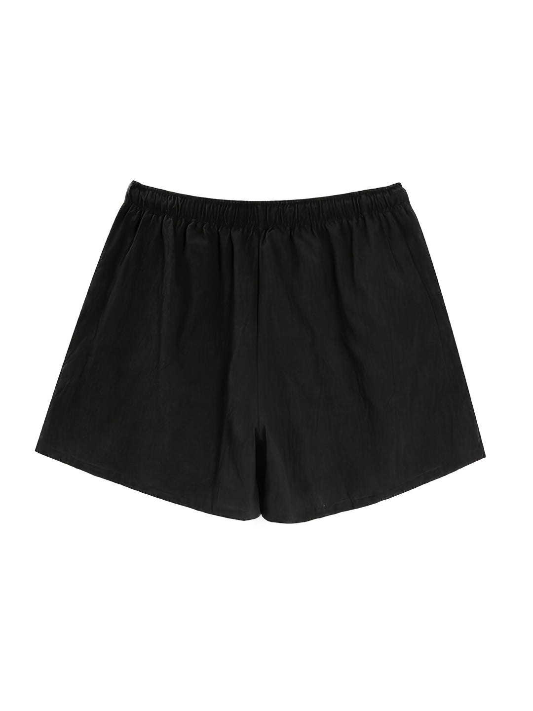 Black swim shorts laid flat, front view with elastic waist and drawstring, men bathing suit