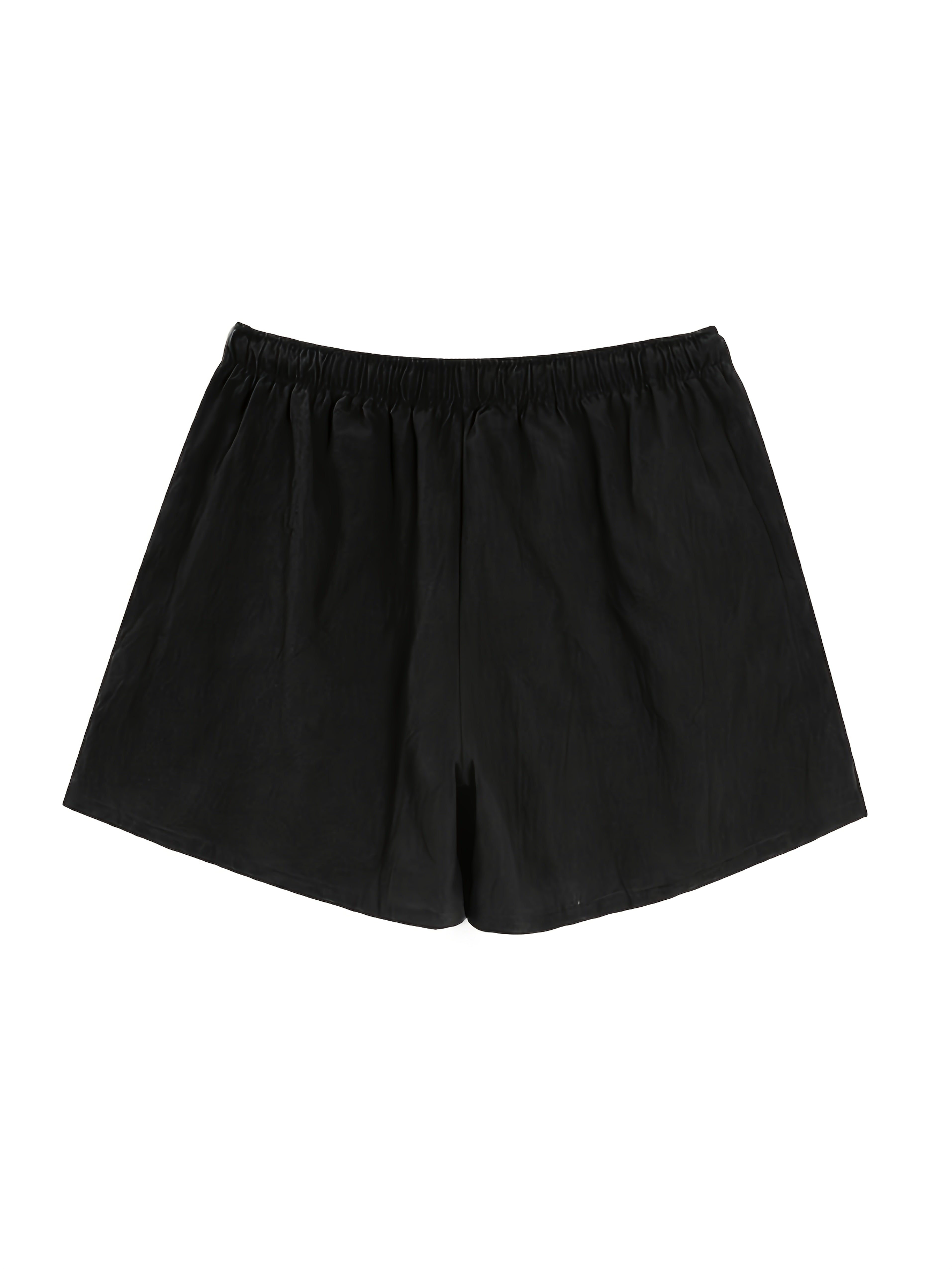 Black swim shorts laid flat, front view with elastic waist and drawstring, men bathing suit