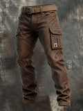 Men brown cargo pants with belt, rugged cotton texture and utility pockets on dark backdrop