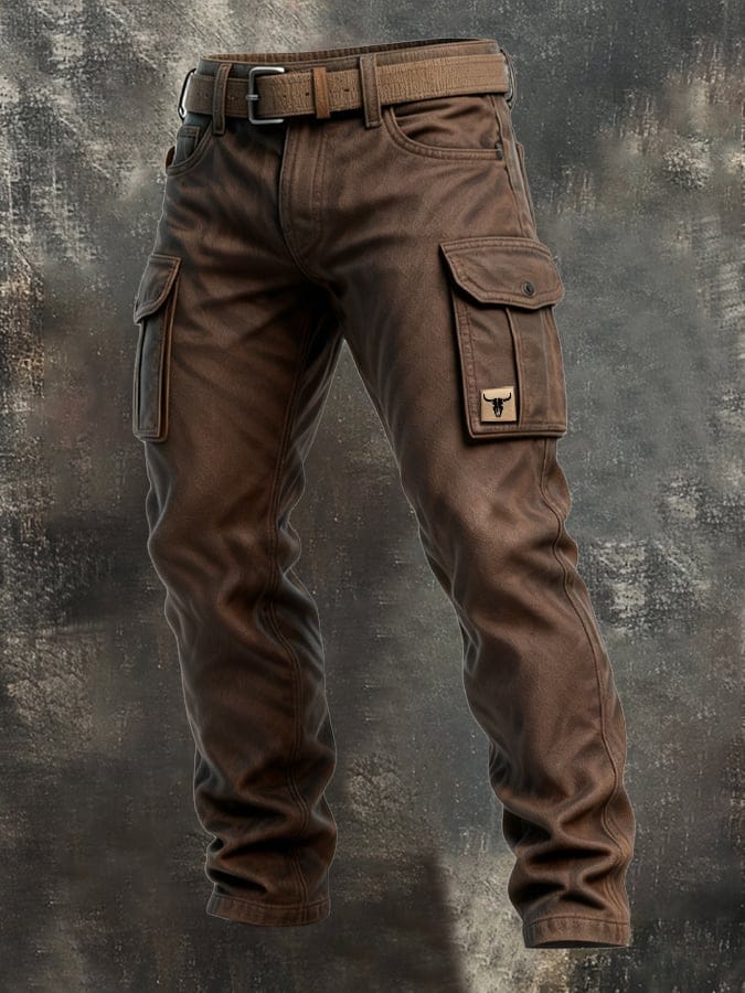 Men brown cargo pants with belt, rugged cotton texture and utility pockets on dark backdrop