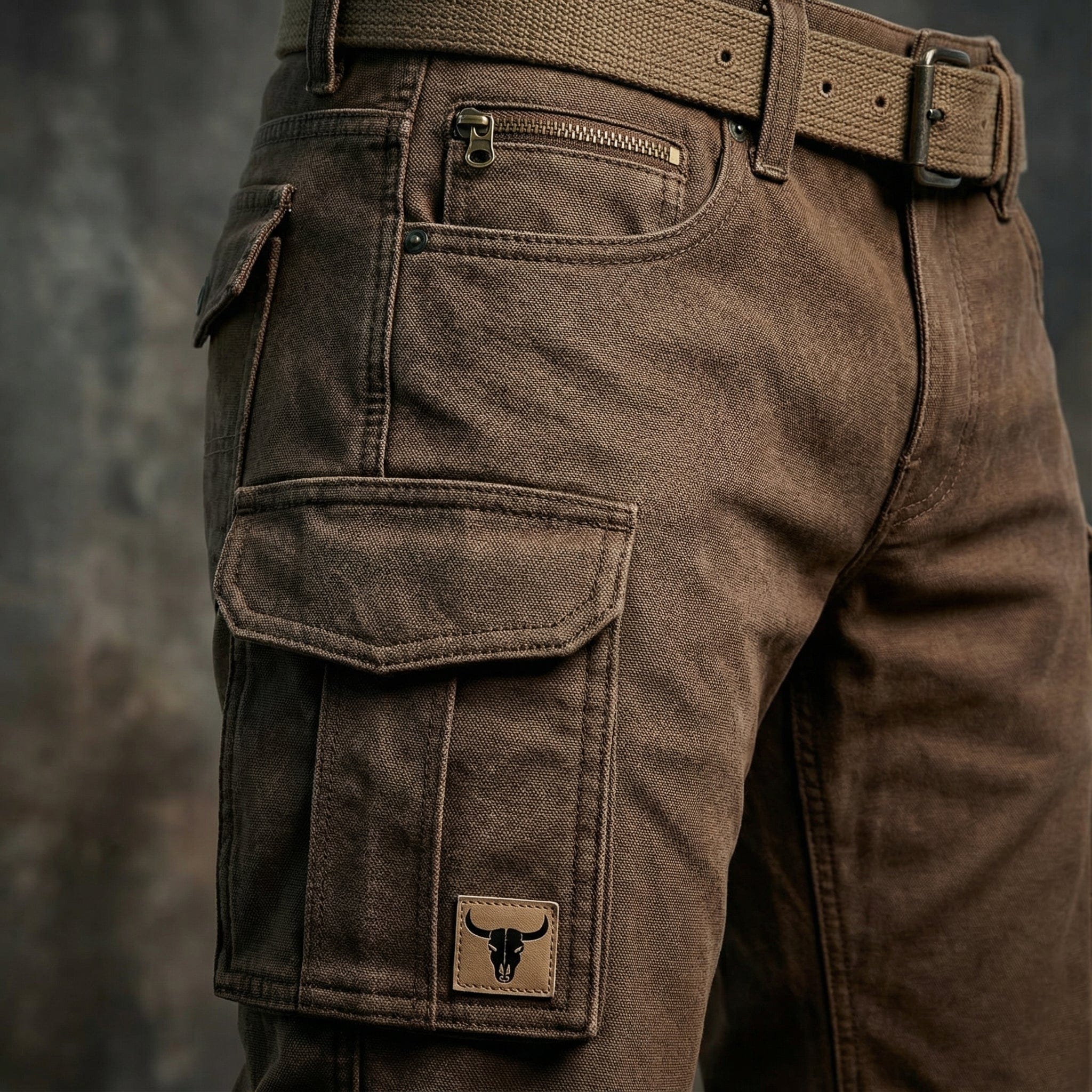 Close-up of brown cargo pants with belt, zip pocket and flap cargo pocket detail