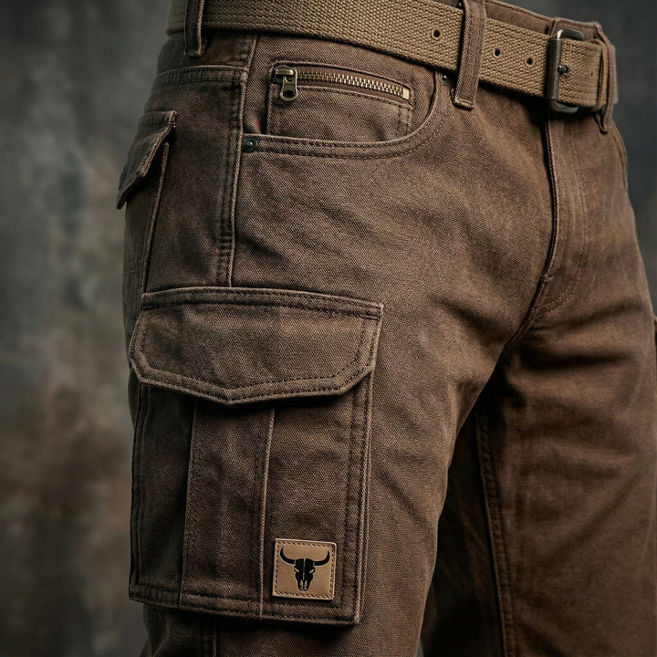 Close-up of brown cargo pants with belt, zip pocket and flap cargo pocket detail