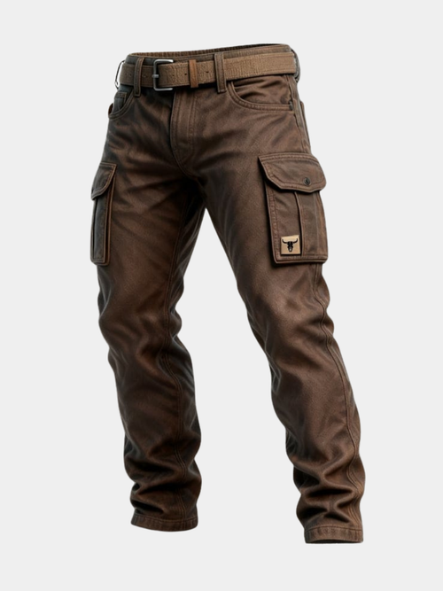 Brown cargo pants with belt, side flap pockets and straight leg fit on white background