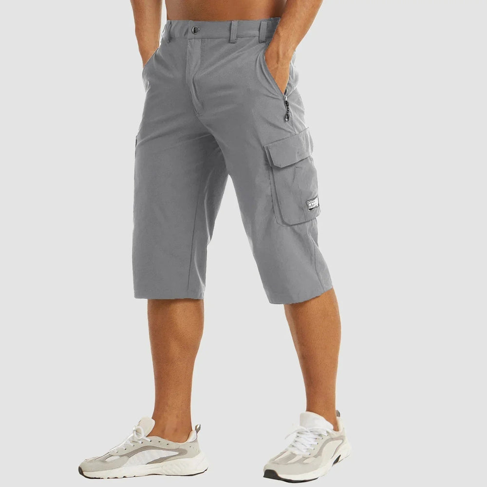 Gray men cargo Bermuda shorts with flap pocket and zip pocket, relaxed fit summer shorts