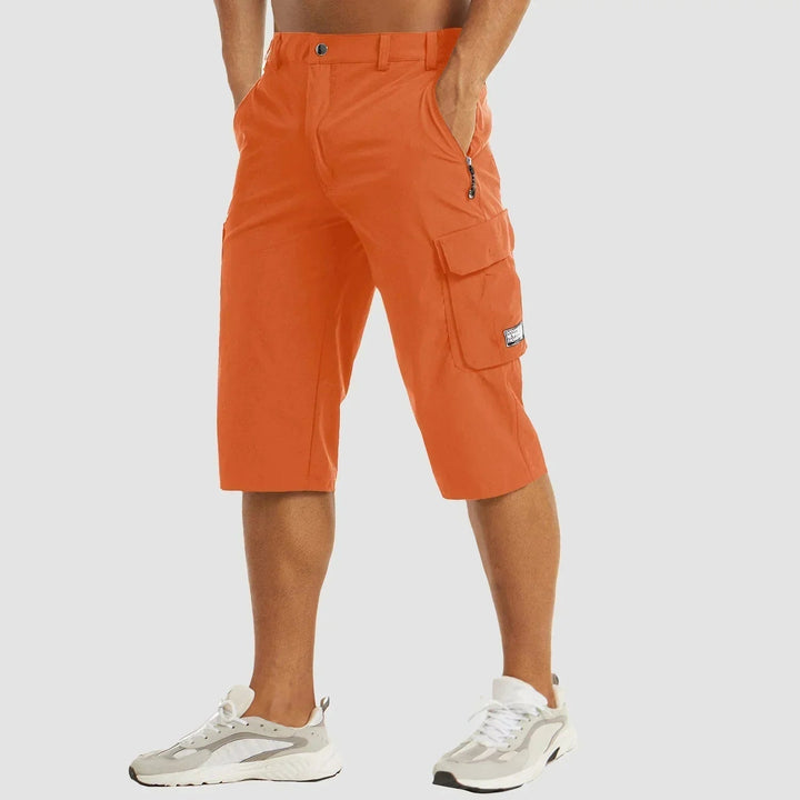 Bright orange men cargo Bermuda shorts with side cargo pocket and zip pocket, summer shorts