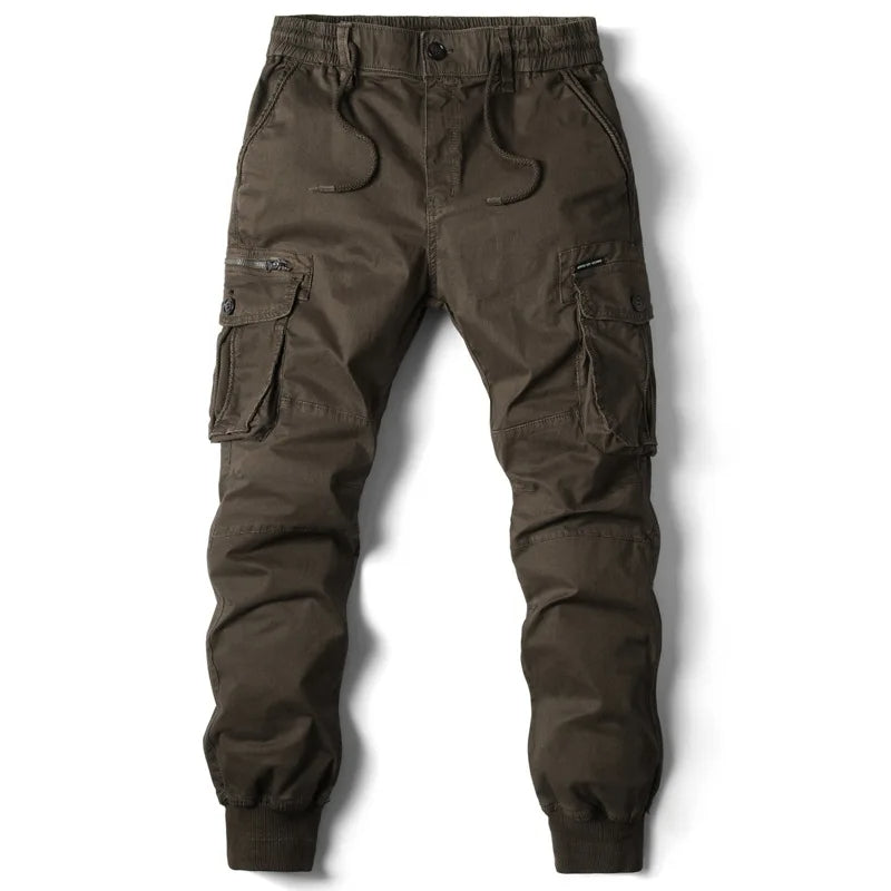 Olive brown men cargo jogger pants with multiple pockets and tapered cuffed legs