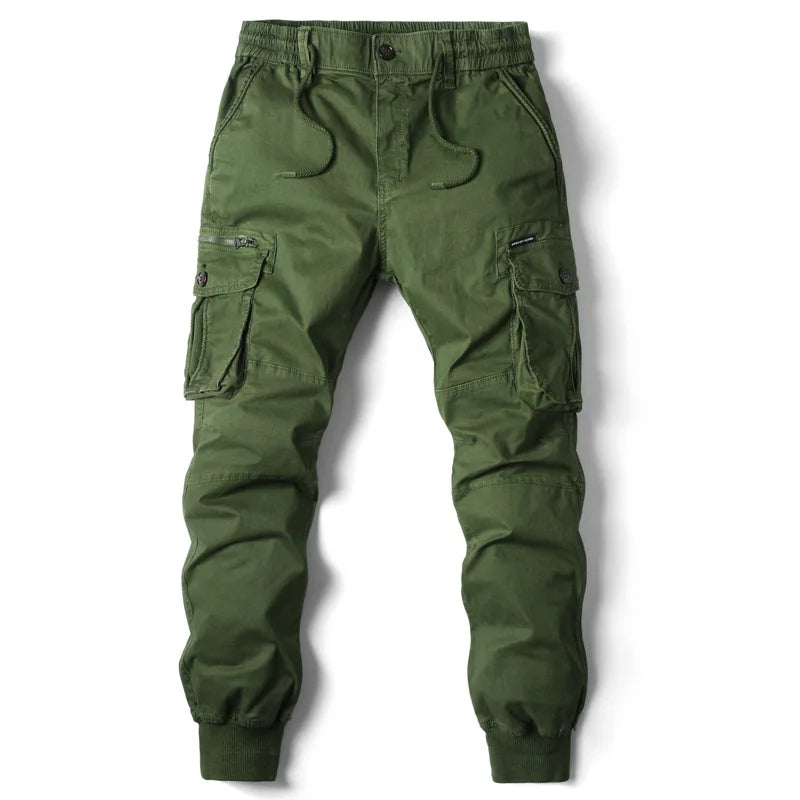 Green cargo jogger pants for men with drawstring waist, flap pockets, and ribbed cuffs