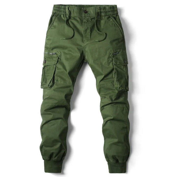 Green cargo jogger pants for men with drawstring waist, flap pockets, and ribbed cuffs