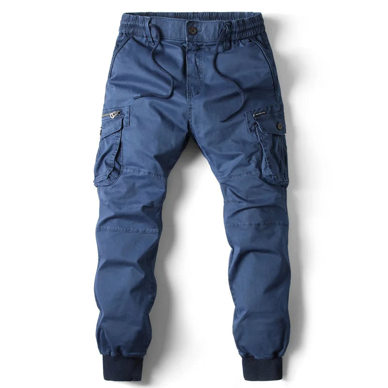 Blue men cargo jogger pants with roomy side pockets, elastic waistband, and cuffed hems