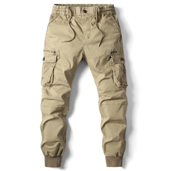 Beige cargo jogger pants for men with utility pockets and relaxed tapered fit
