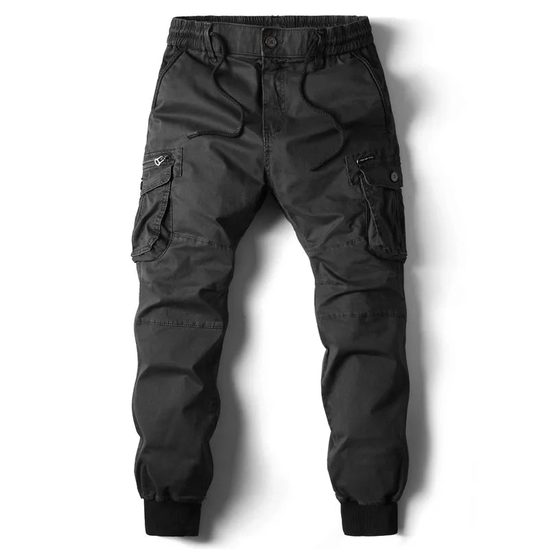 Black men cargo jogger pants with utility pockets, drawstring waist, and ribbed cuffs