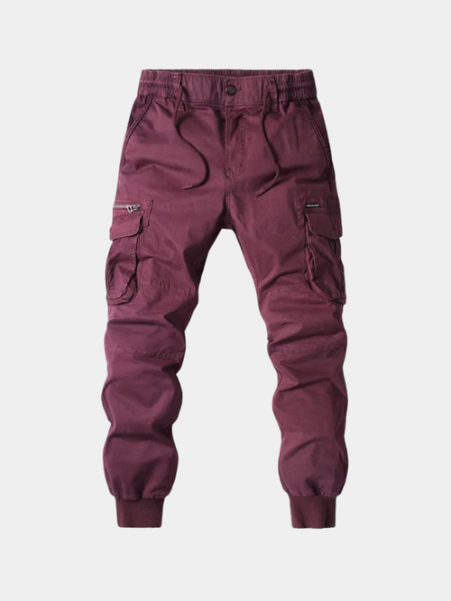 Maroon men cargo jogger pants with elastic waist, drawstring, and side flap pockets