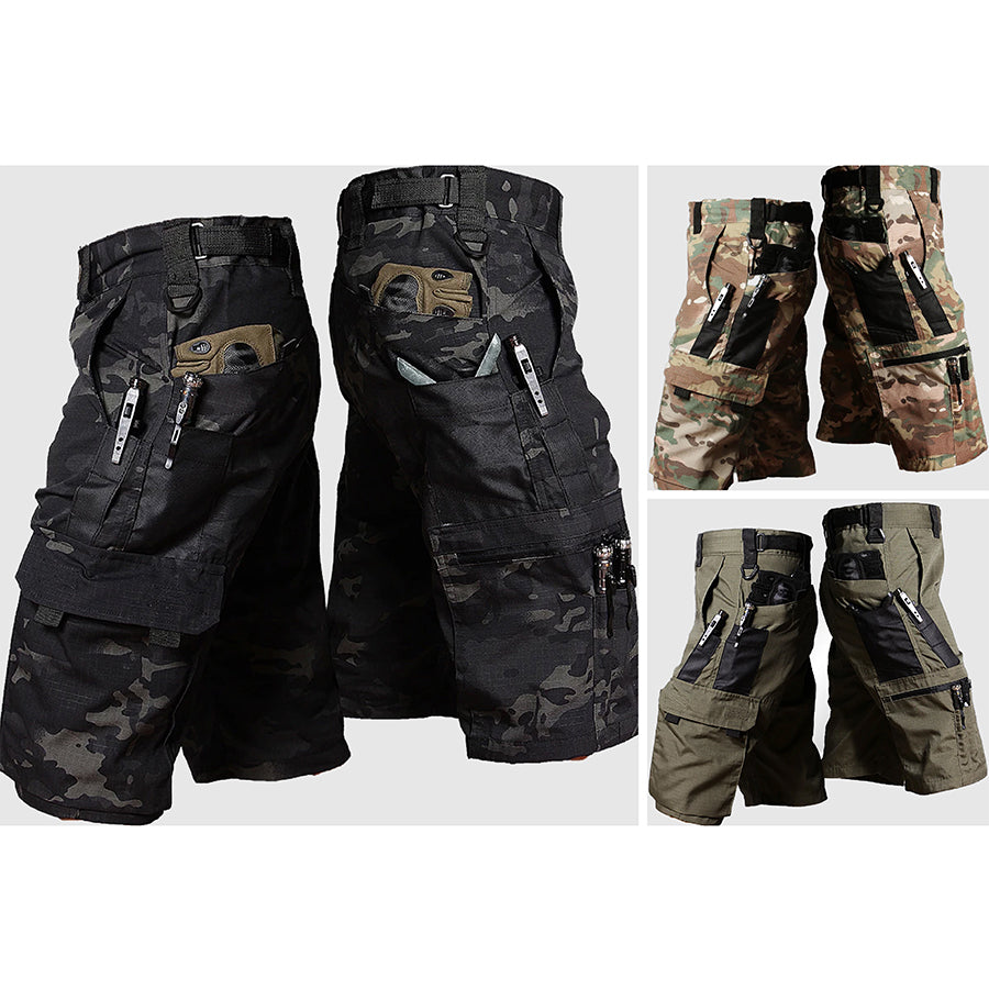 Collage showing men cargo knee length shorts in black camo, tan camo, and olive green color options