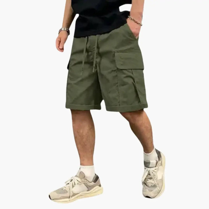 Olive green knee length cargo shorts with drawstring and large pocket, men's casual shorts