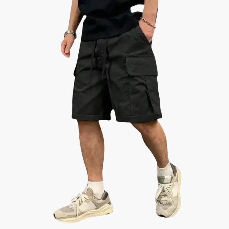 Black knee length cargo shorts with drawstring waist and side pockets, casual men's shorts
