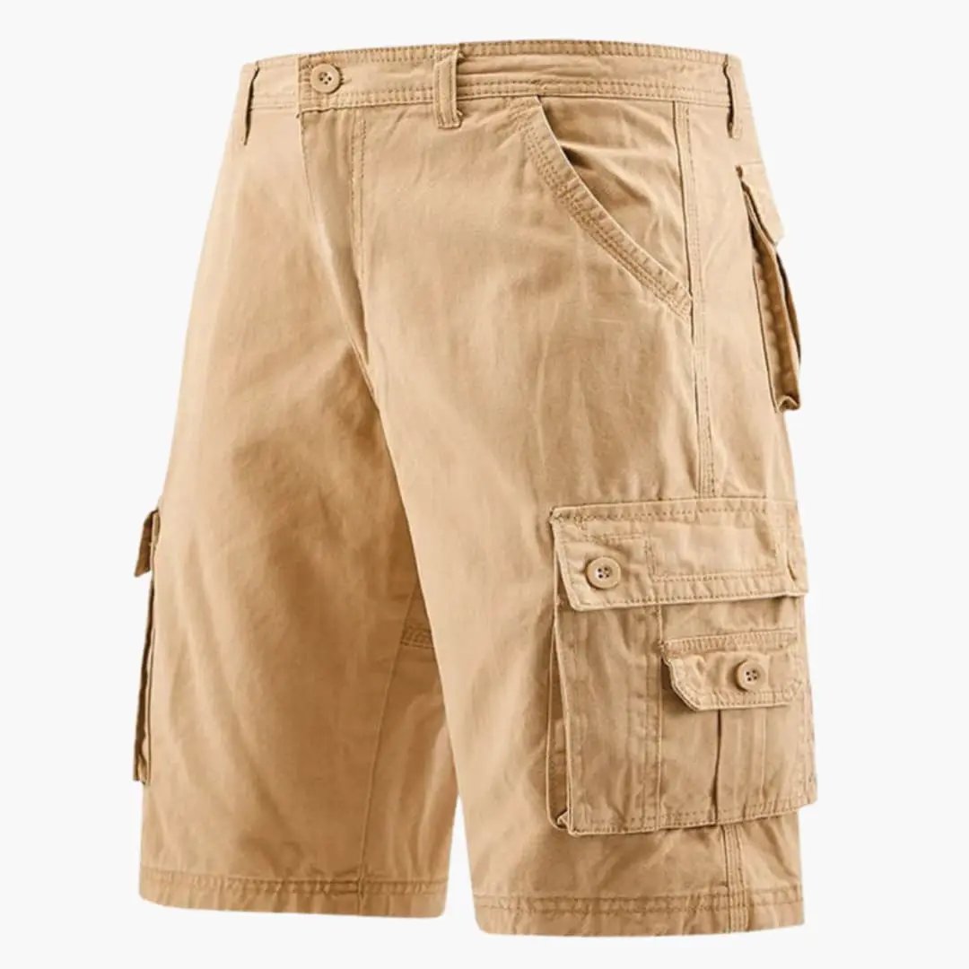 Khaki men cargo knee length shorts with pockets, button closure, and flap utility pockets