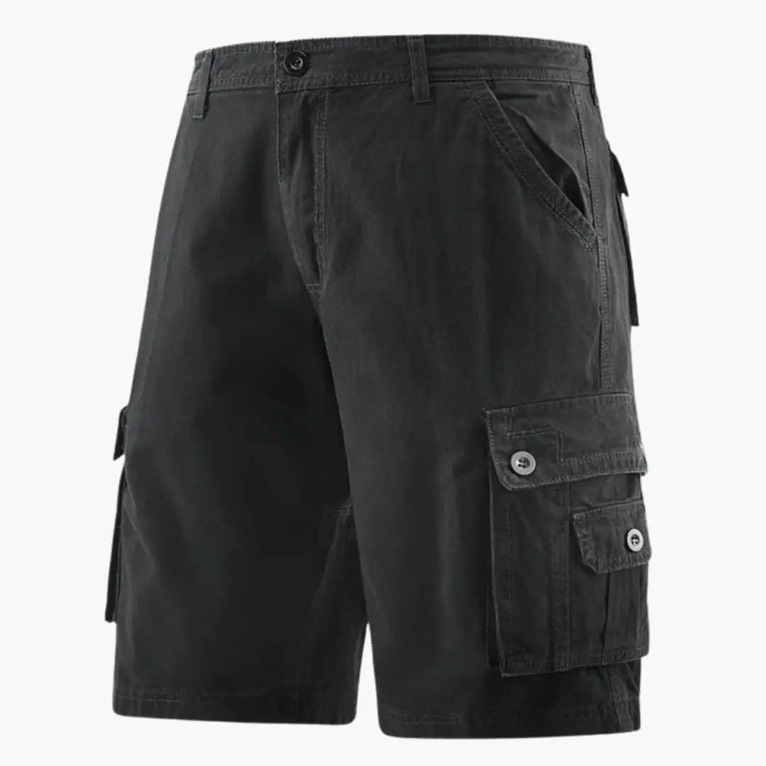 Black men cargo knee length shorts with pockets and large button flap cargo pockets
