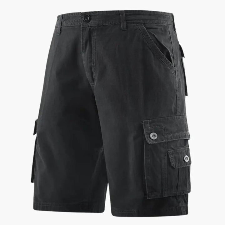 Black men cargo knee length shorts with pockets and large button flap cargo pockets