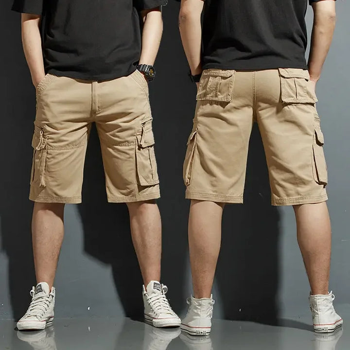 Khaki cargo knee length shorts with roomy pockets, front and back view on model